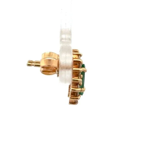 Estate 14k Yellow Gold Marquise Cut Emerald Diamond Halo Flower Stud Earrings